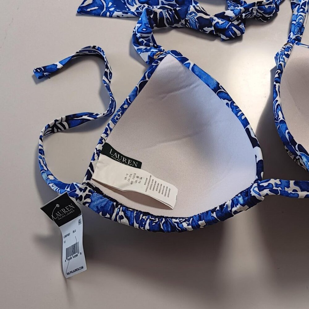 Swim Top LAUREN RALPH LAUREN Halter Tie Triangle Blue and White Sz 12 NEW - Picture 5 of 7